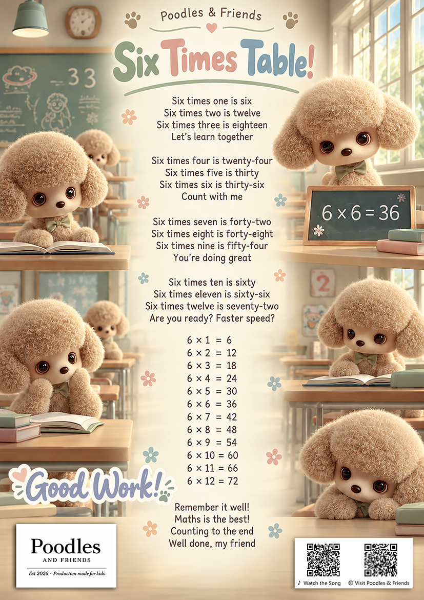 Six Times Table – Free Printable Learning Song Sheet