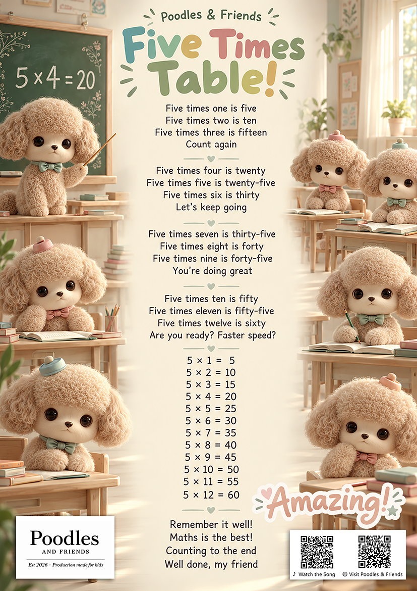 Five Times Table – Free Printable Learning Song Sheet