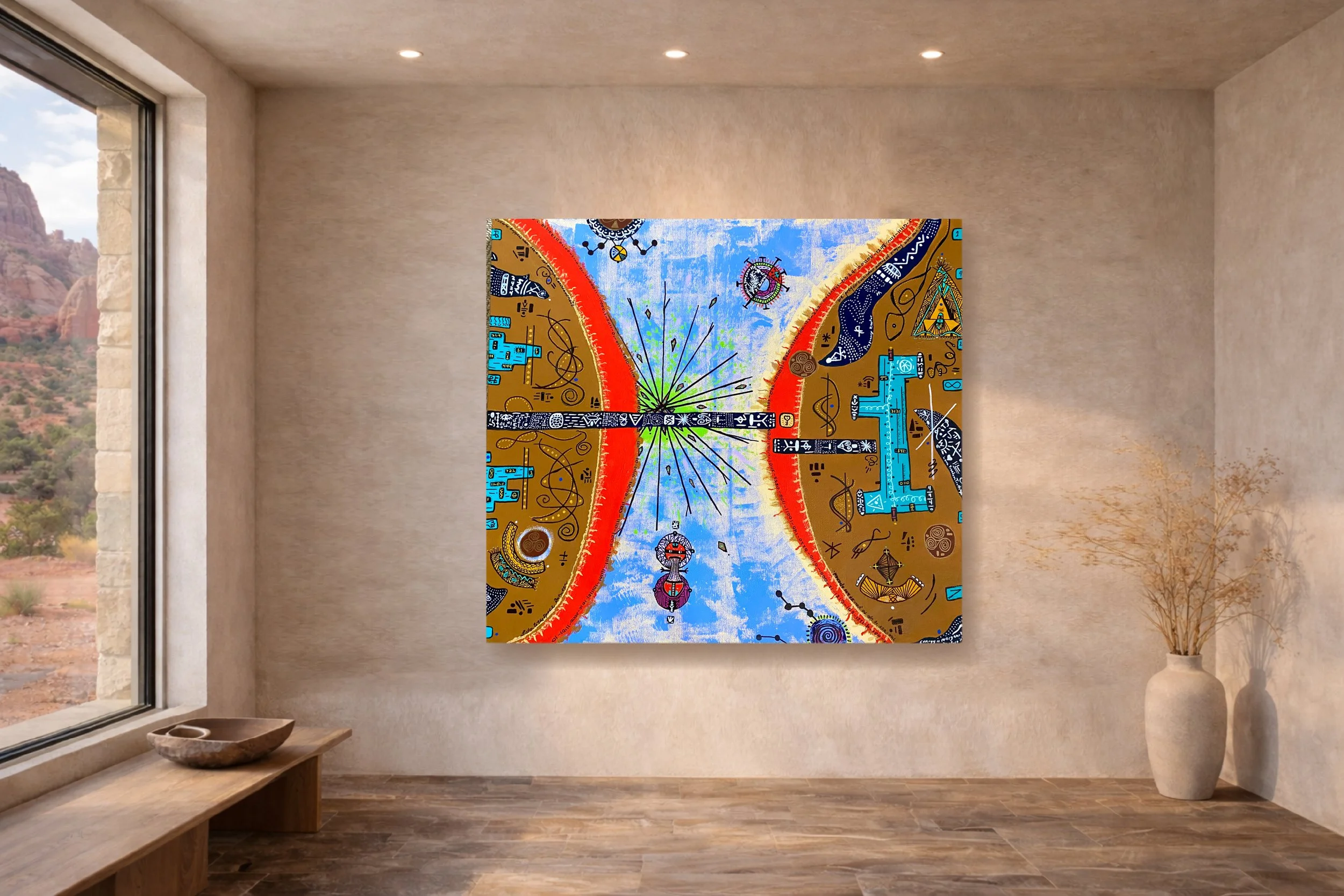 Lynnda Pollio's large acrylic on canvas Frequency Art called, Threshold, hanging on a cave-like wall like it was an ancient artifact that has been discovered
