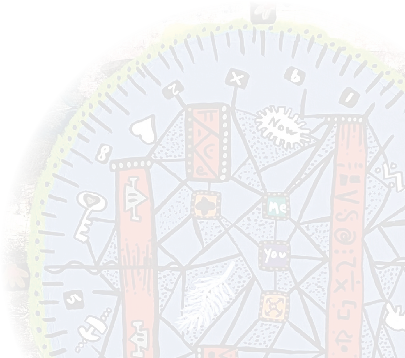 A piece of Lynnda Pollio's Frequency Artwork called Passage Between Realms. Colorful abstract clock with numbers, symbols, and words like 'NOW', 'Me', and 'You' arranged in a geometric pattern.