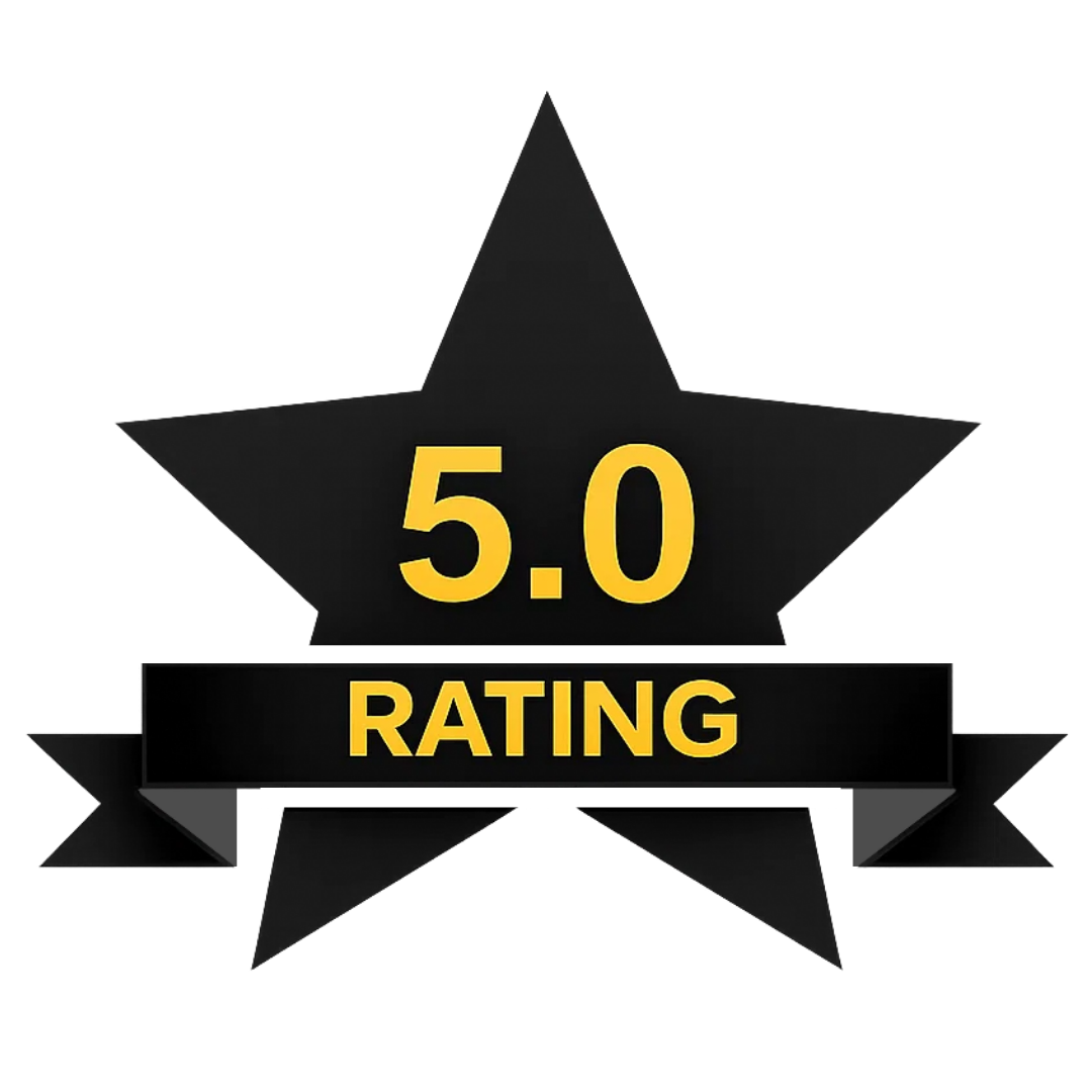 5-star rating icon with 5.0 score displayed on a banner, representing top review or customer satisfaction.