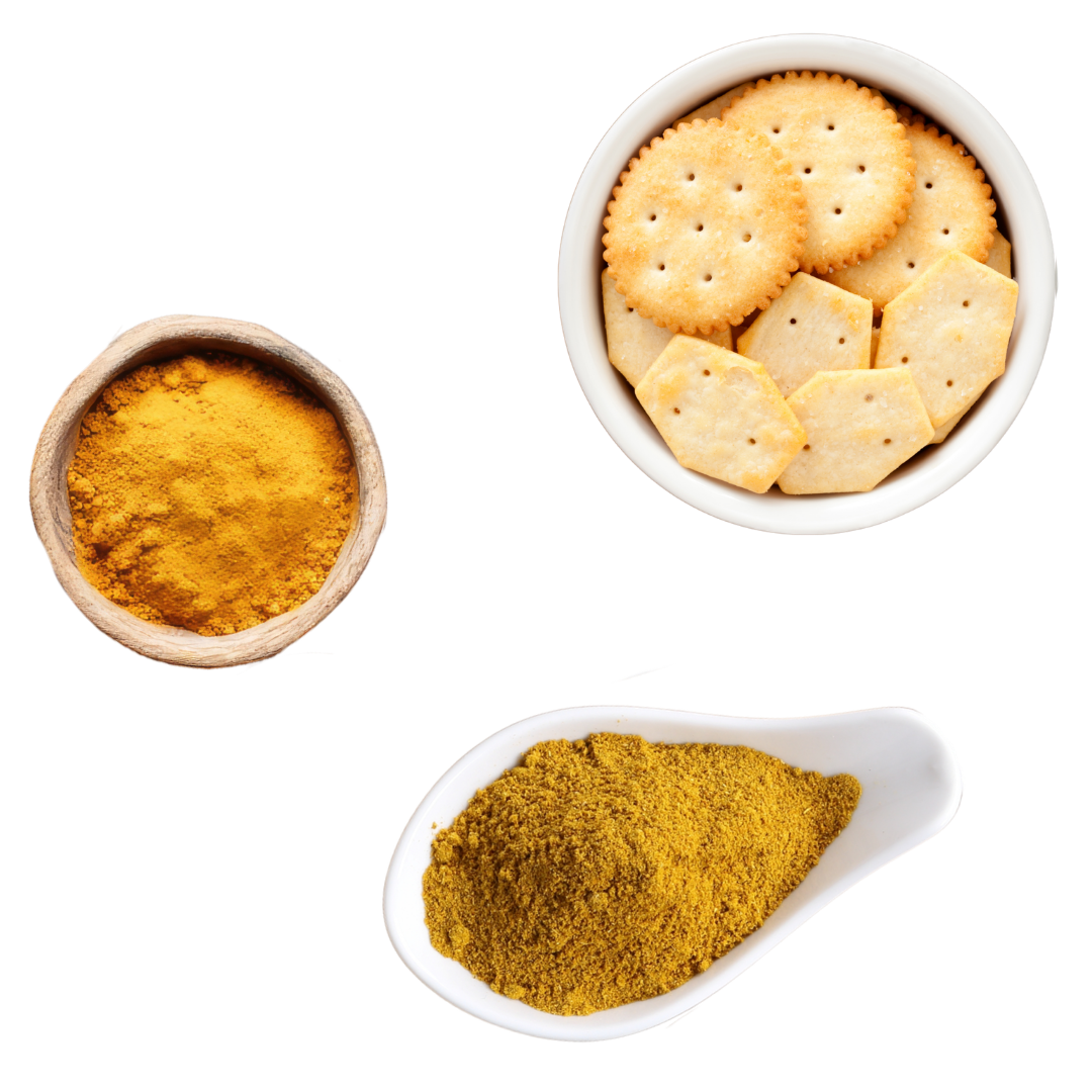 Assorted biscuits and mixed seasoning displayed in separate bowls.