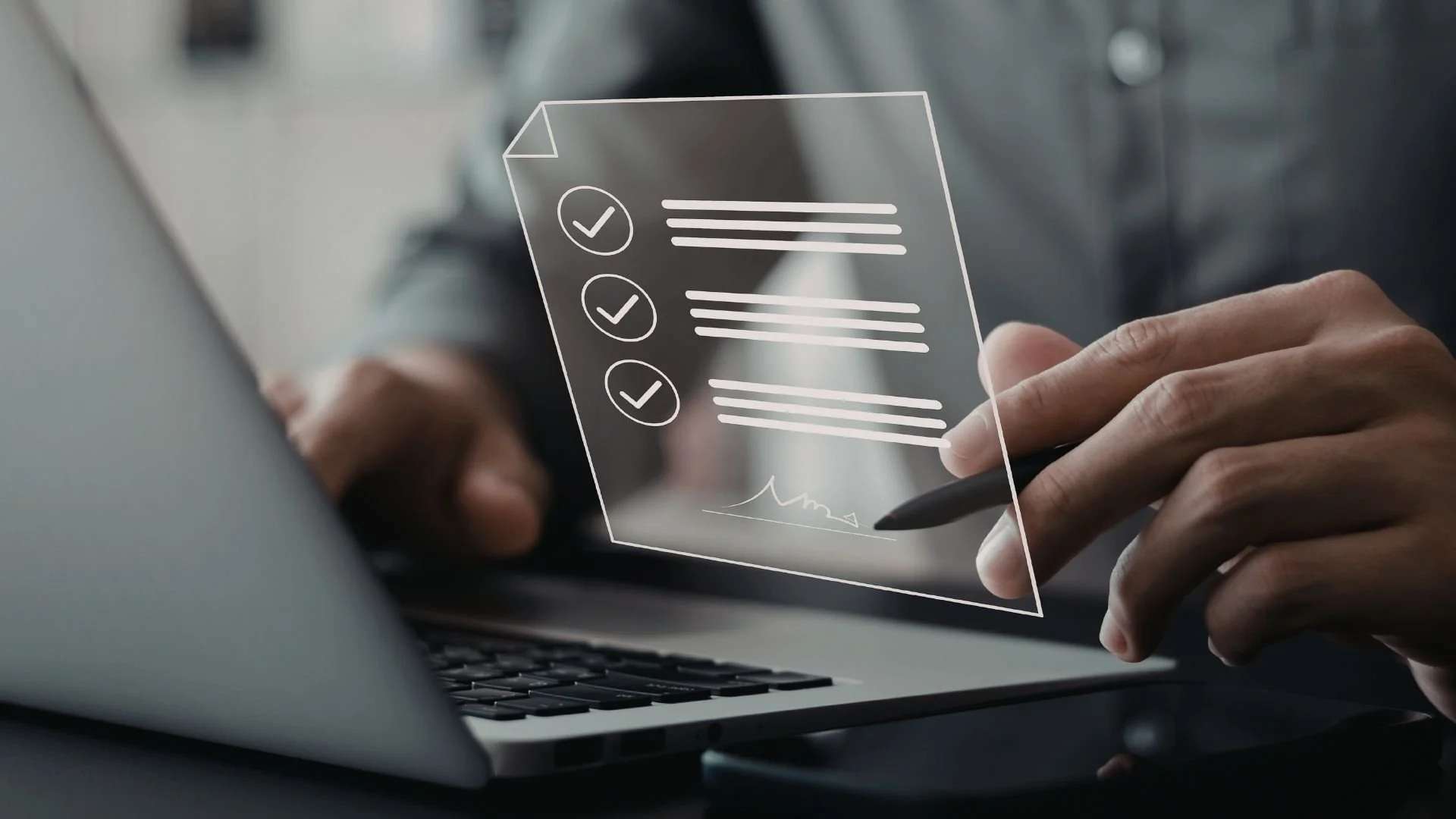 "Person typing on keyboard with holographic screen displaying a list icon, representing product listing, strategy planning, and bundle creation.