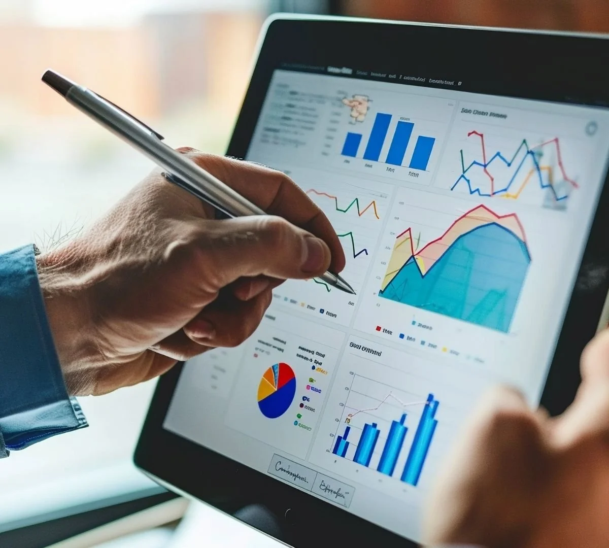 Person writing on tablet with stylus, displaying sales tracking graphs, representing product advertising, performance analysis, and marketing strategy.