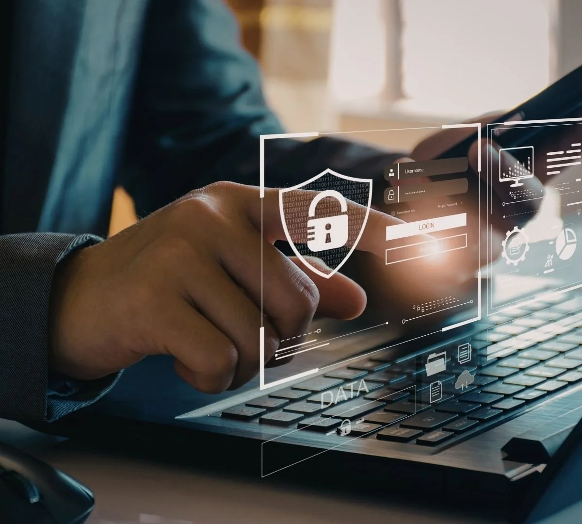 Person typing on keyboard with holographic screen displaying a lock, representing brand value protection, security, and compliance.