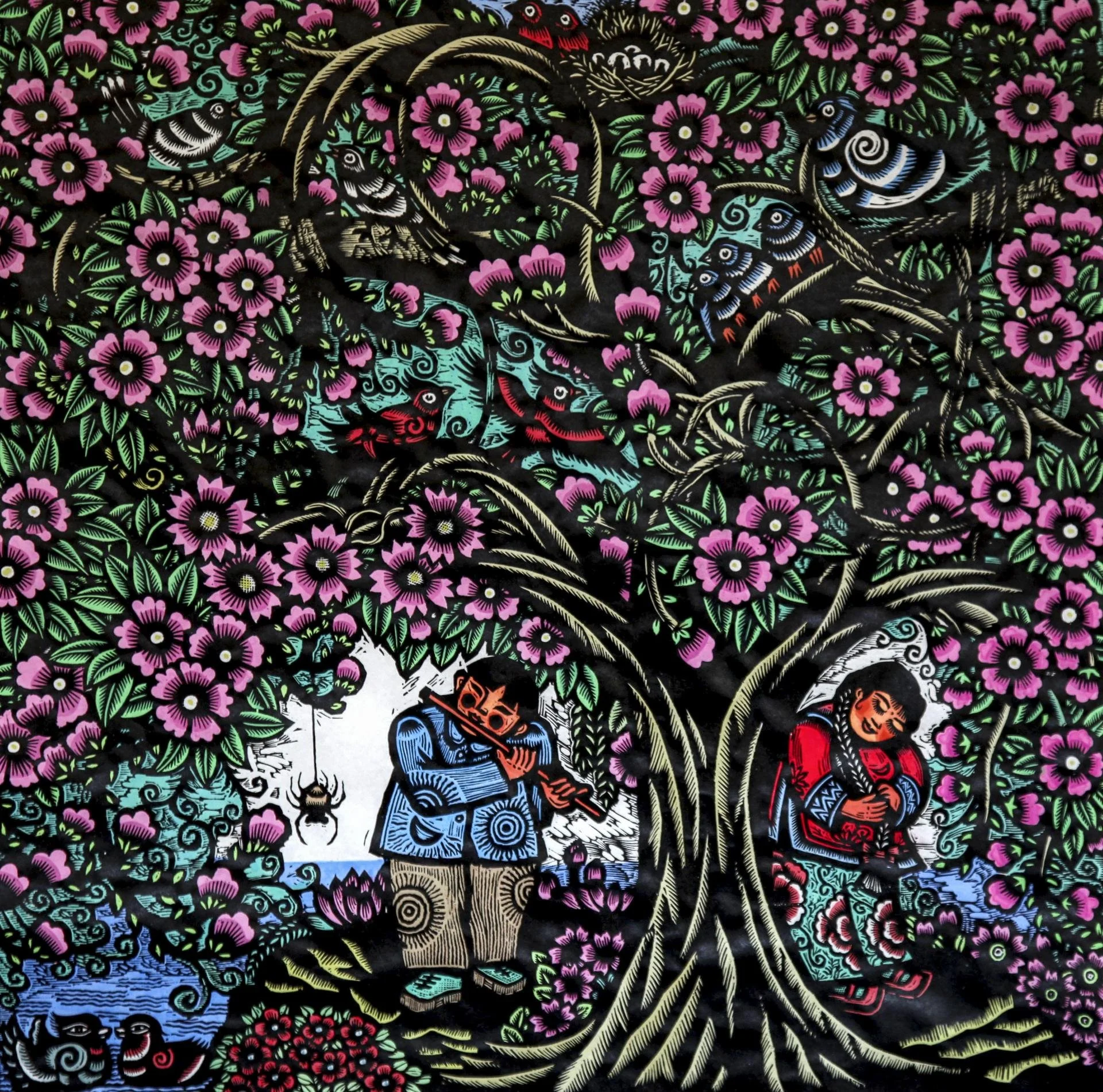 Image d'un dessin d'un couple sous un arbre crée avec l'art de la gravure traditionnelle sur bois