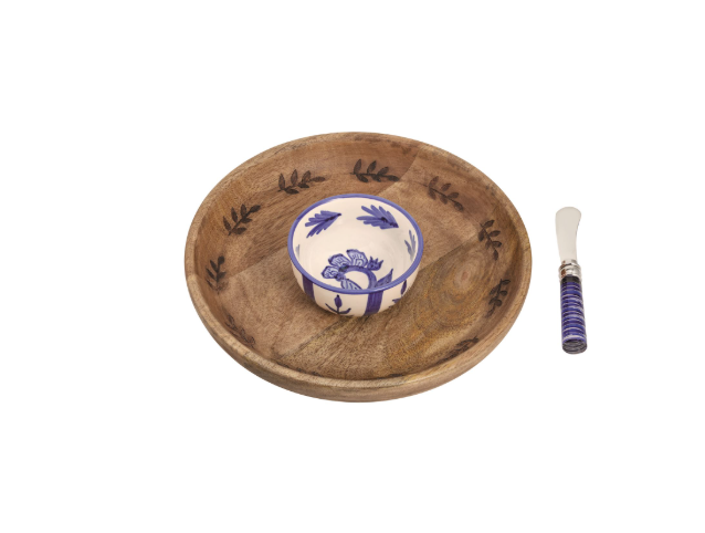 Wood Chip Bowl & Blue Floral Dip Set