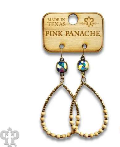 Round wood and gold bead teardrop earring with Austrian crystal