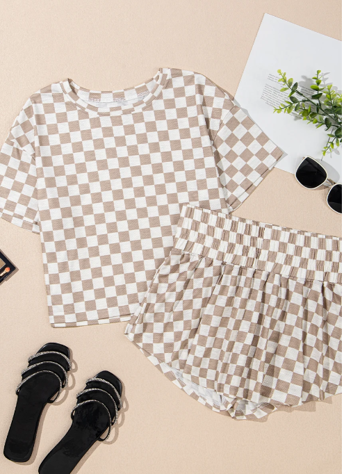 Brown Checkerboard T Shirt and High Waist Skorts 2 Piece Outfit