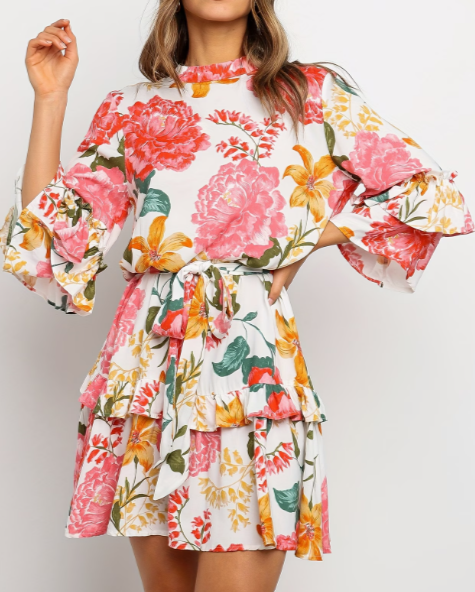 Floral Three Quarter Sleeve Tie Waist Dress