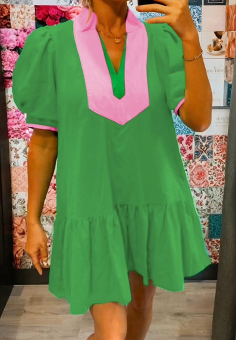 Bright Green Color Block Detail Split Neck Short Puff Sleeve Ruffle Hem Mini Dress