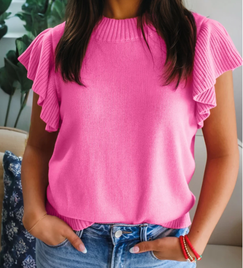 Sachet Pink Solid Color Ribbed Trim Round Neck Ruffle Short Sleeve
