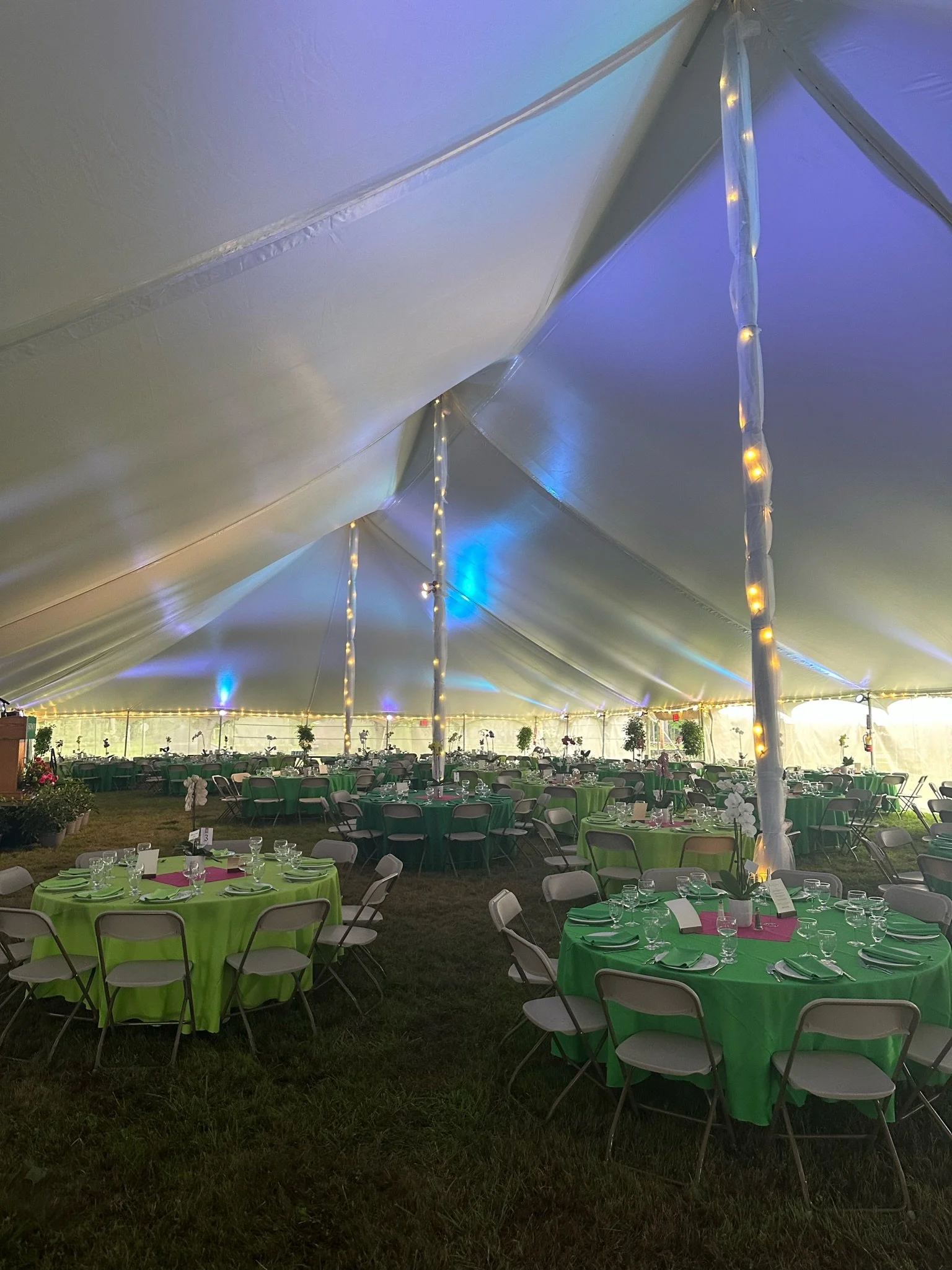 Large Tent setup with uplighting, tables and chairs, sidewalls, perimeter lighting, and pole decorations at Skidmore college in Saratoga, NY. Setup by Whalen Tents