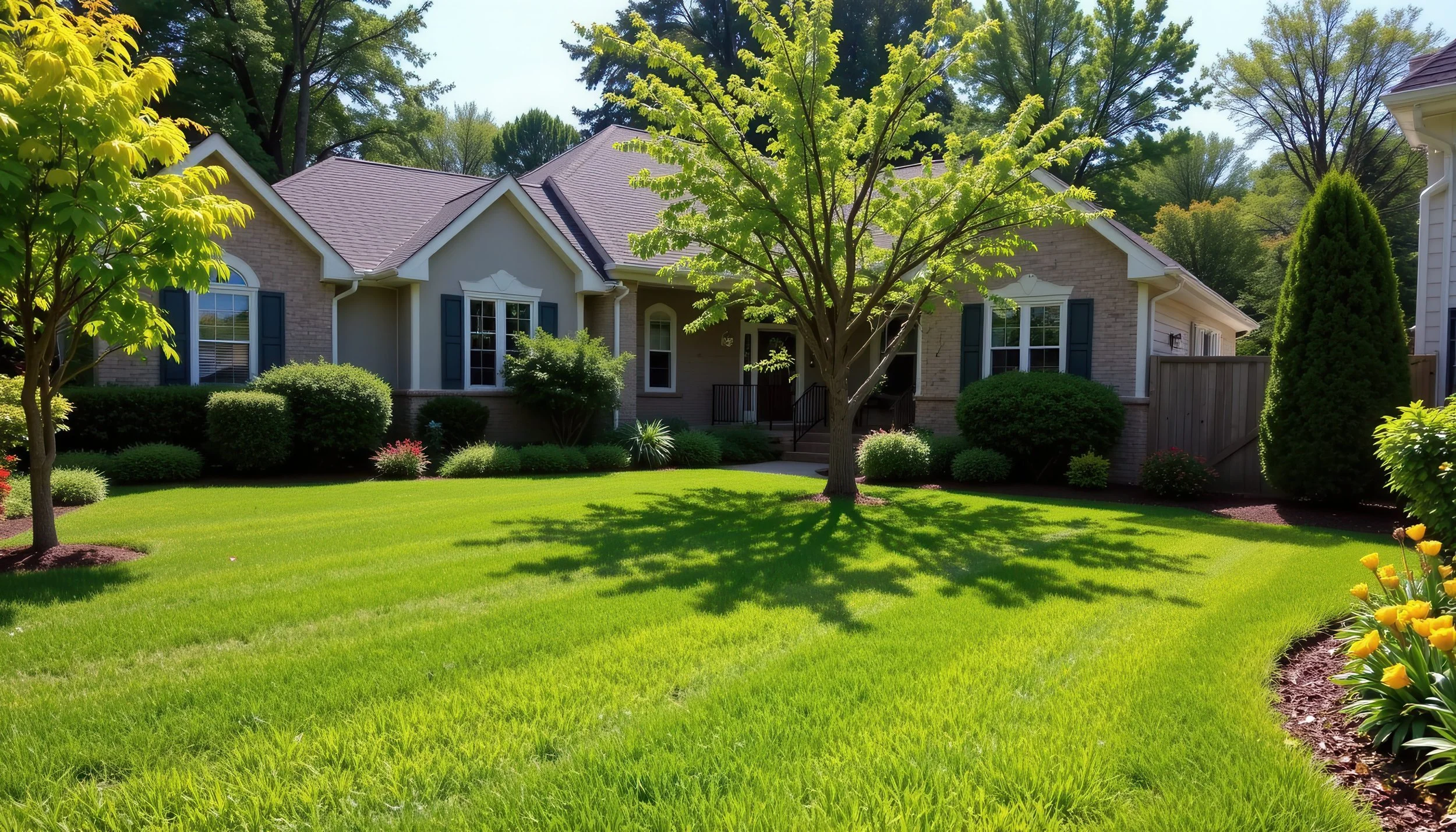 A well-maintained front yard with lawn mowing, plantings, and professional lawn care near me in North Kingstown, RI