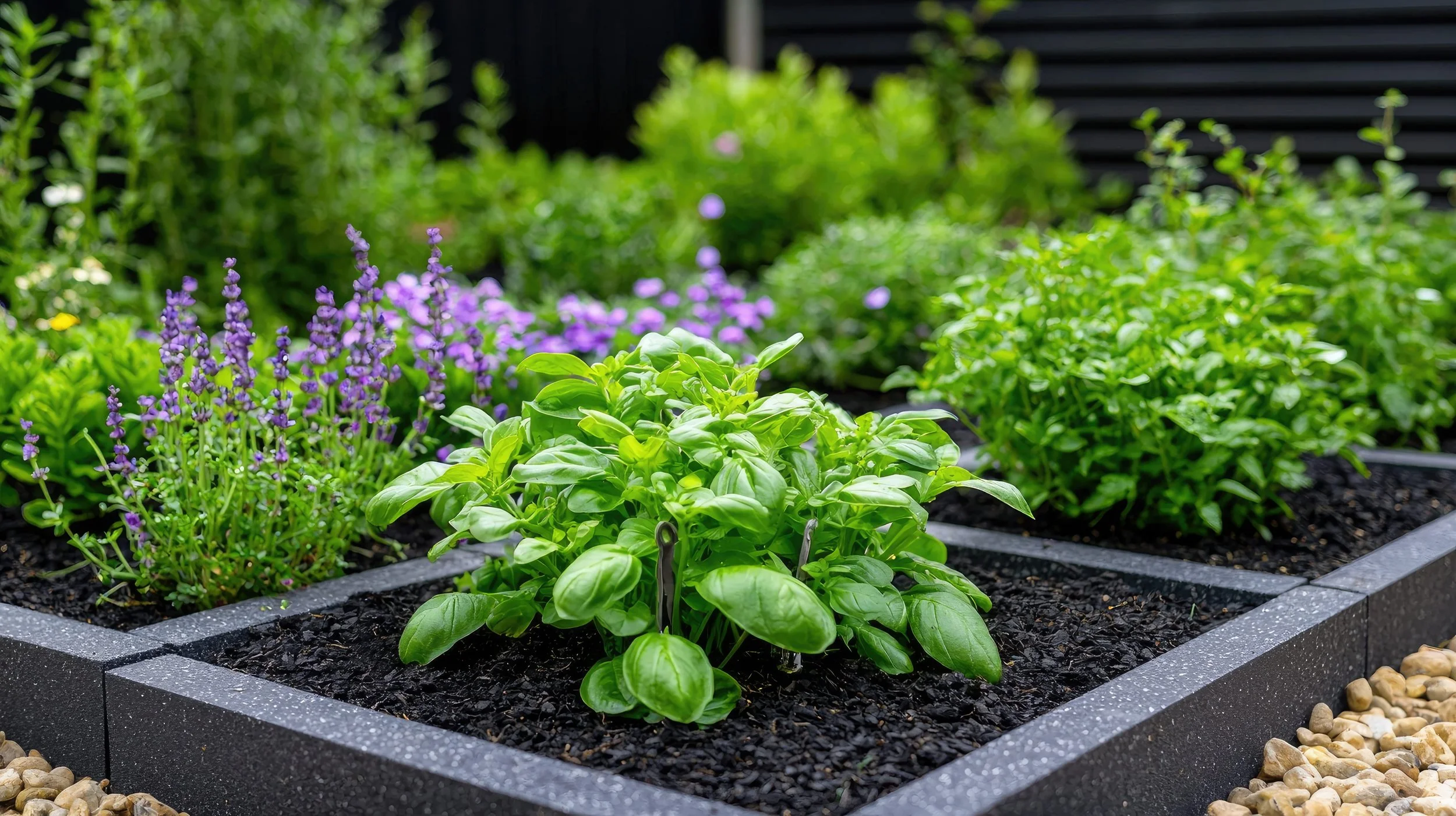 A raised garden bed with plantings and fresh mulching as part of landscape construction in Narragansett, RI