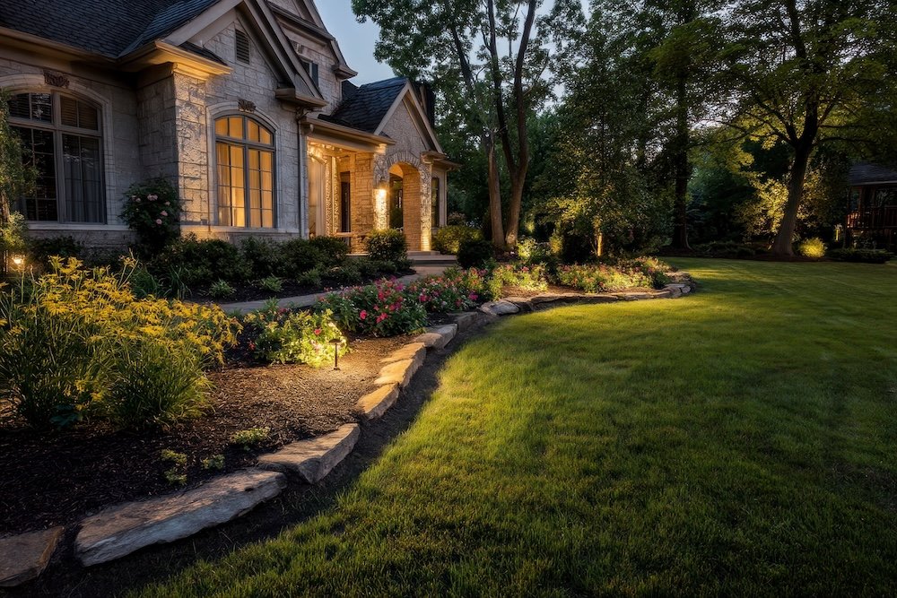 Illuminated house exterior with stone pathway in Jamestown, RI