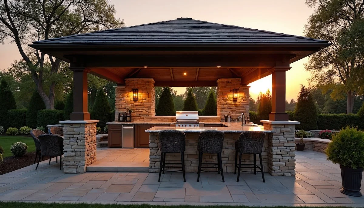 Stone pavilion with outdoor kitchen in Jamestown, RI