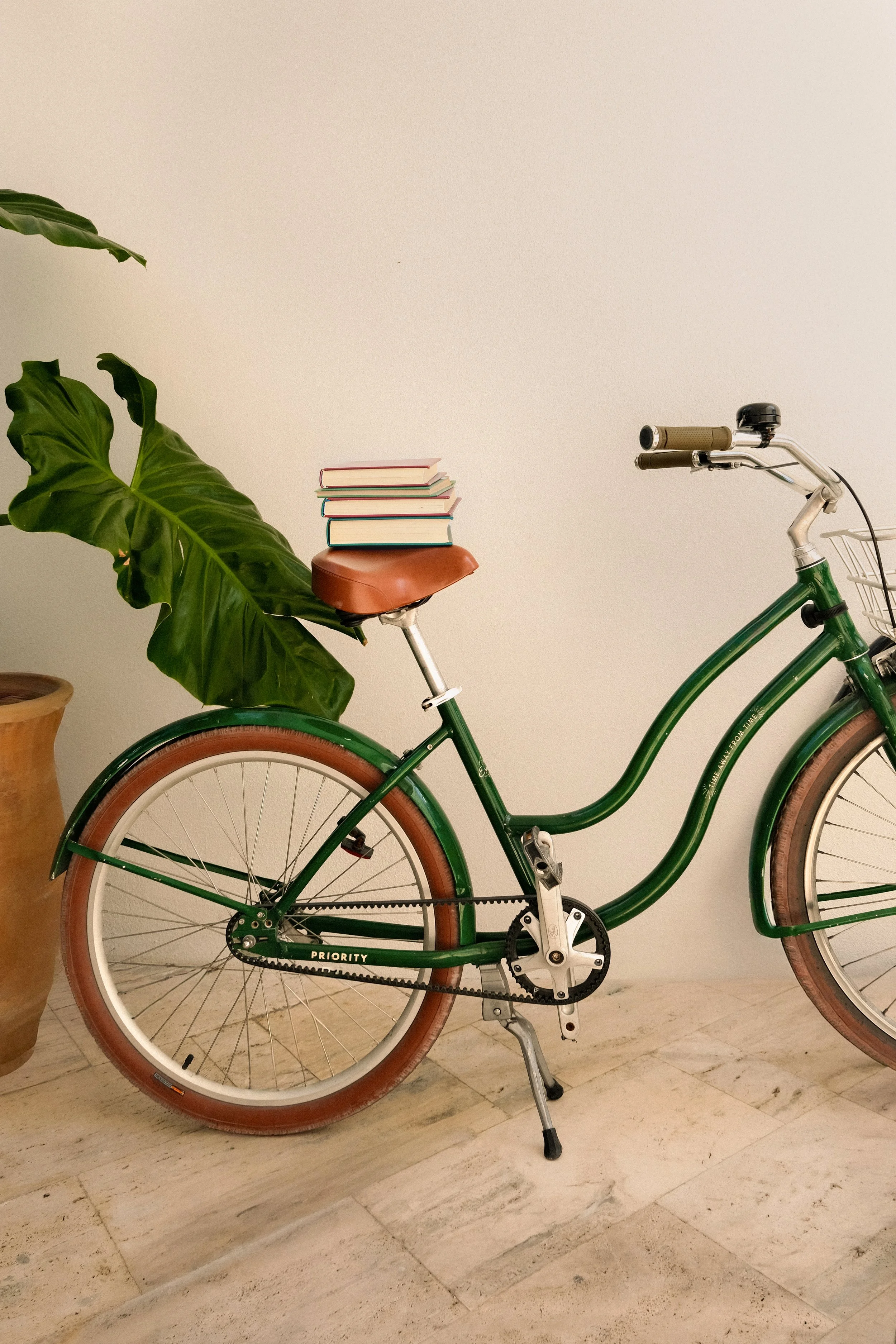 A green bicycle with brown tires and a tan leather seat, with a stack of five books on the seat, placed next to a large potted plant with big green leaves, against a plain beige wall.