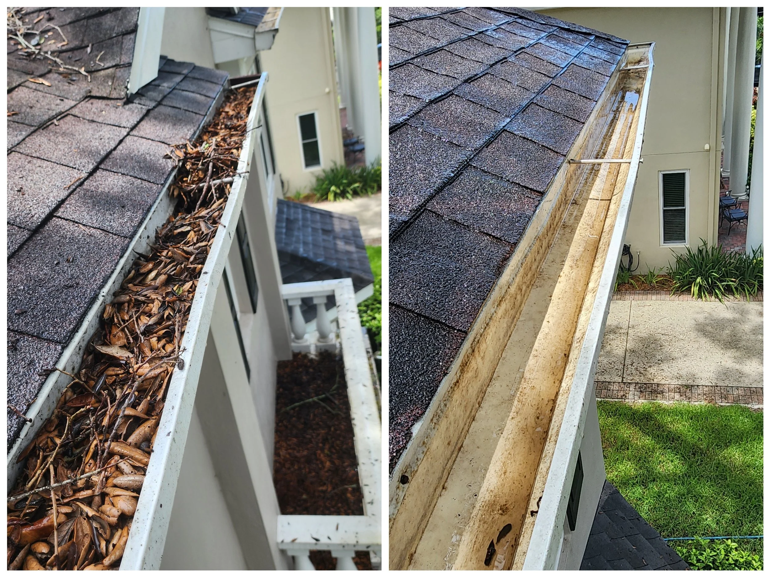 Before and after exterior gutter cleaning and brightening service in Jungle Prada, clearing debris and removing exterior tiger stripes.
