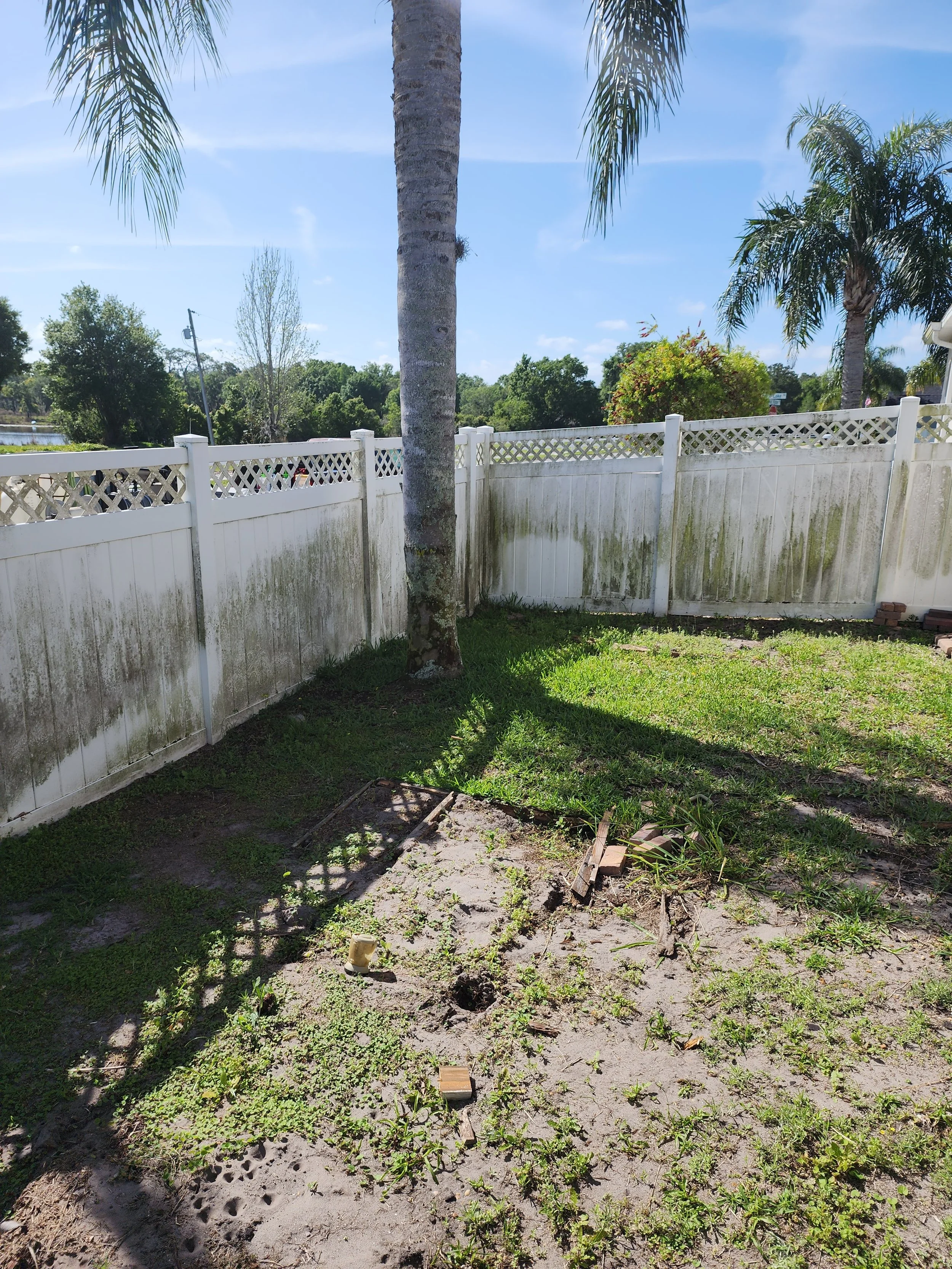 St Pete beach vinyl fence pressure washing before Jungle Nation