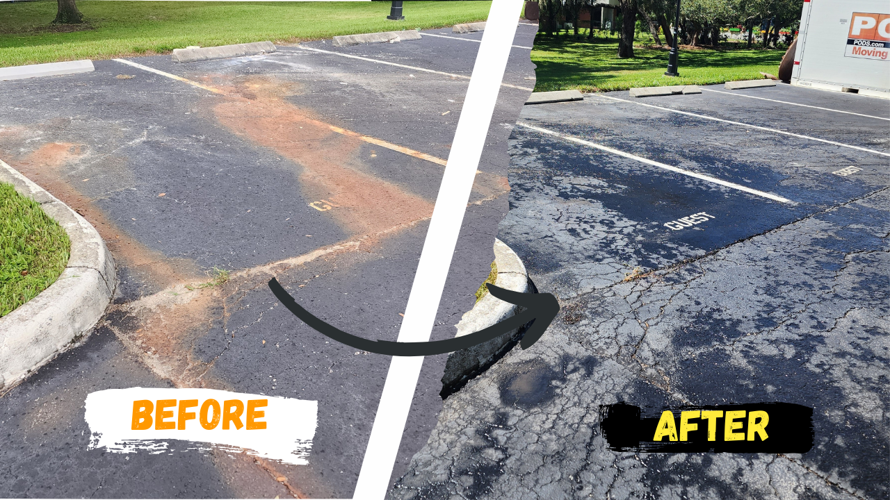 Before and After Rust Stain removal on asphalt by Jungle Nation in St. Petersburg, Florida