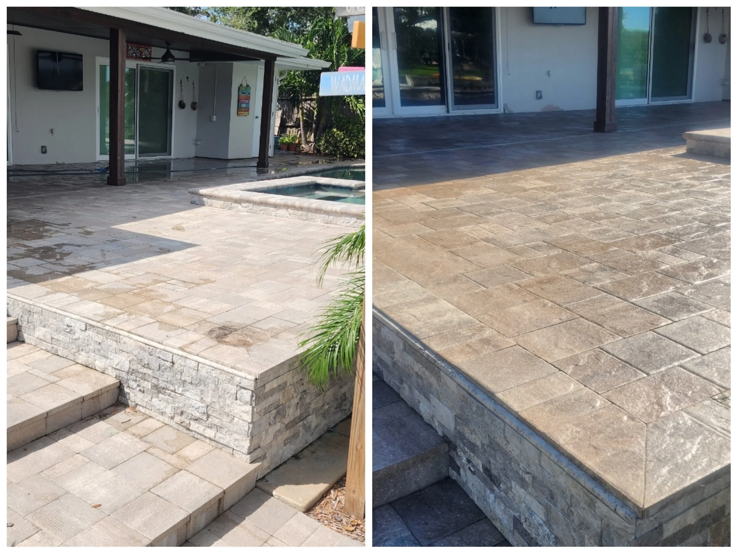 Before and after paver sealing on a luxury pool deck in Tierra Verde, FL. The process restored the natural stone color and provided a protective wet-look finish against salt and sun.
