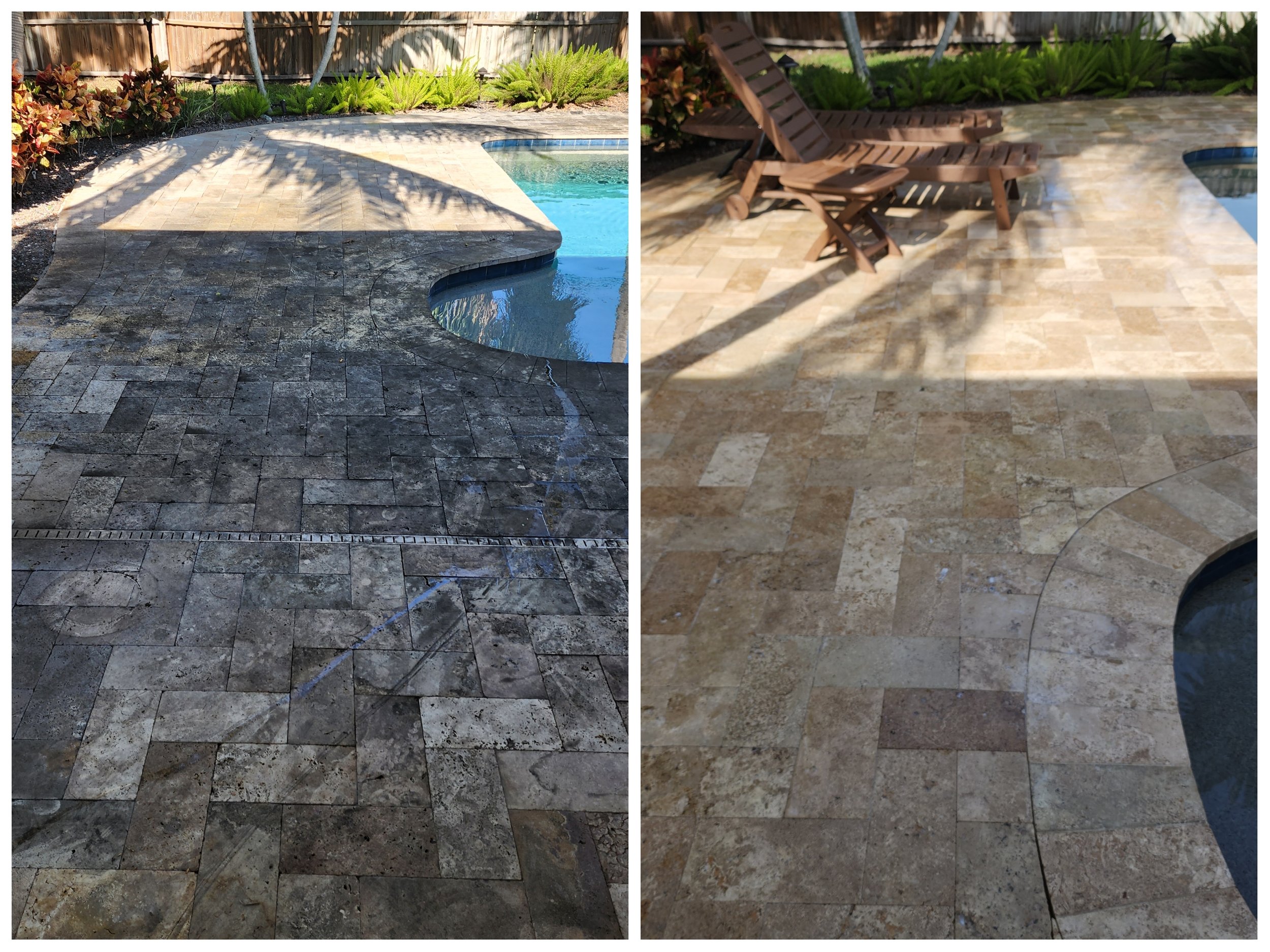 Before and after paver cleaning and pool deck restoration in Shore Acres, St. Pete, removing dirt and mold from stone
