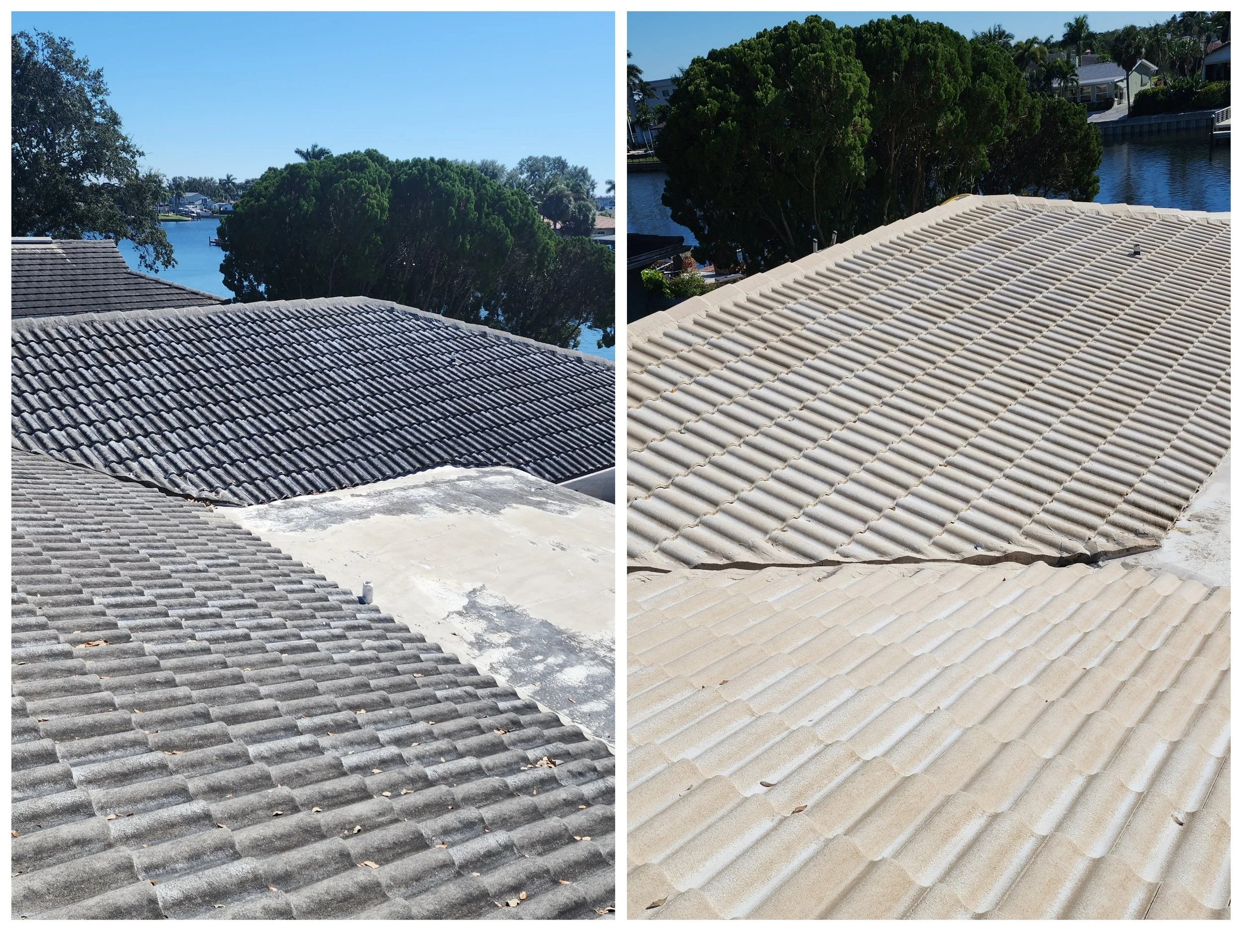 Before and after non-pressure tile roof washing on a waterfront residential home in Tierra Verde.