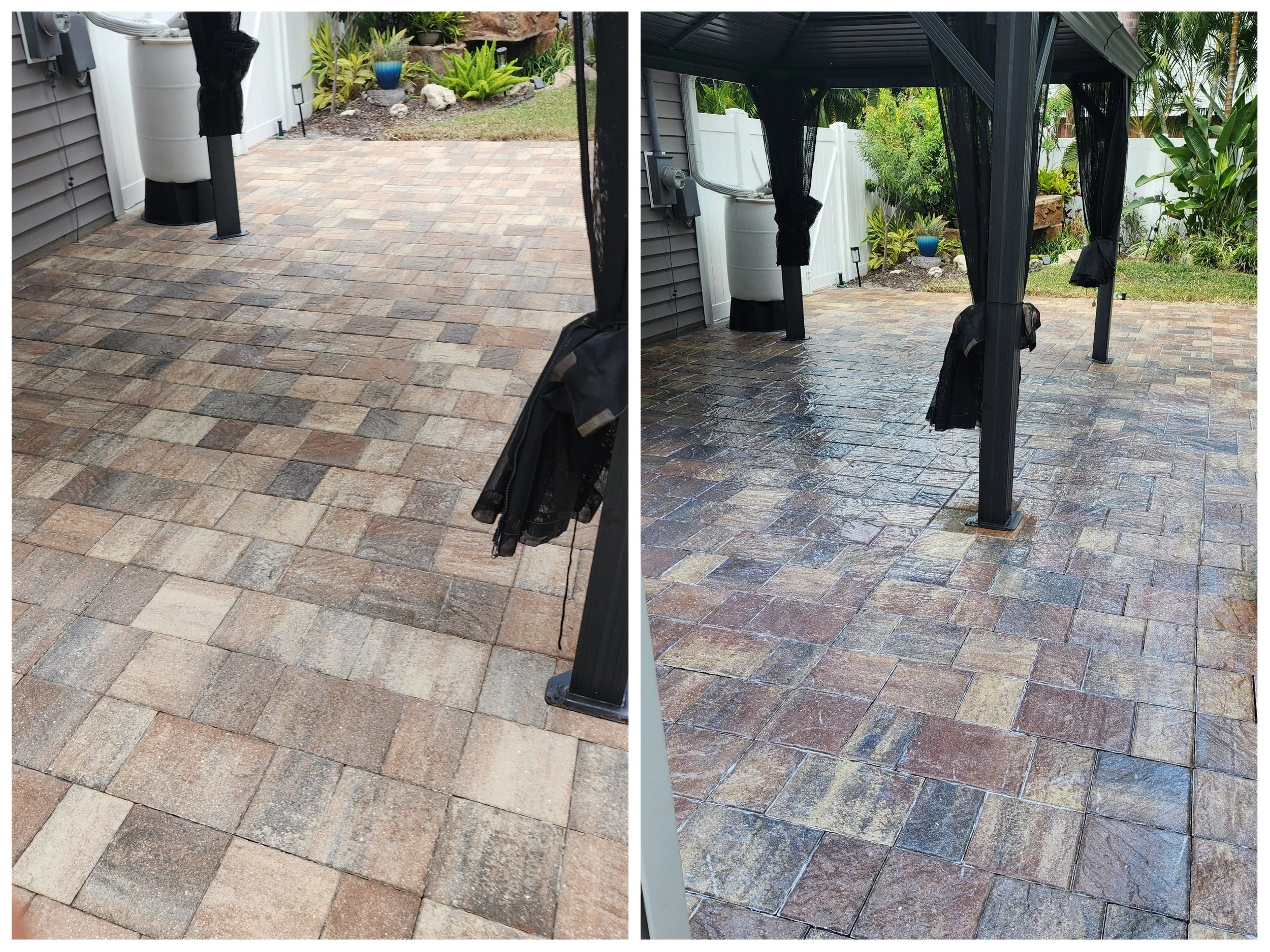 Before and after paver driveway deep cleaning and sealing for a home in St. Pete Beach, Florida