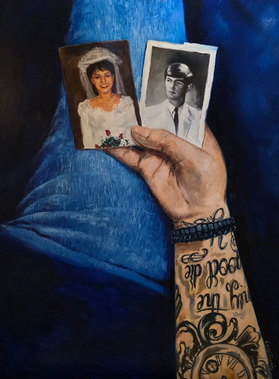 Commission painting of man holding two pictures