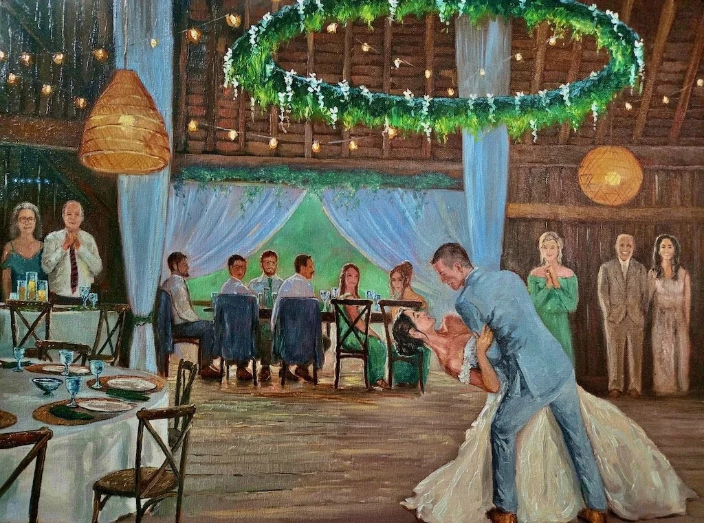 Live wedding painting in Cincinnati of bride and groom doing a dip kiss while friends and family watch.