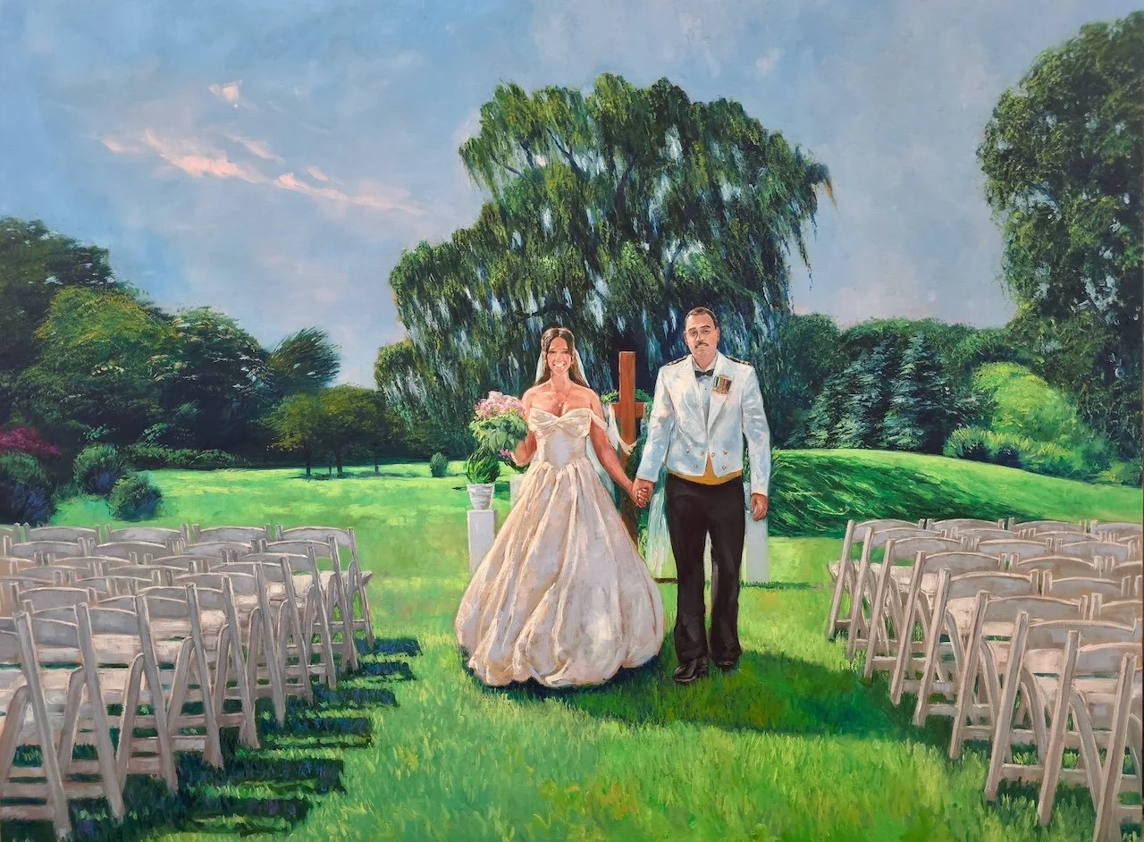 Live wedding painting in Columbus Ohio of couple walking down the aisle