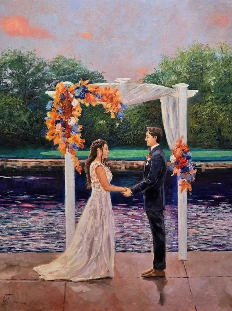 Live wedding painting in Columbus Ohio at the Wenbeck of bride and groom smiling at each other at the altar.