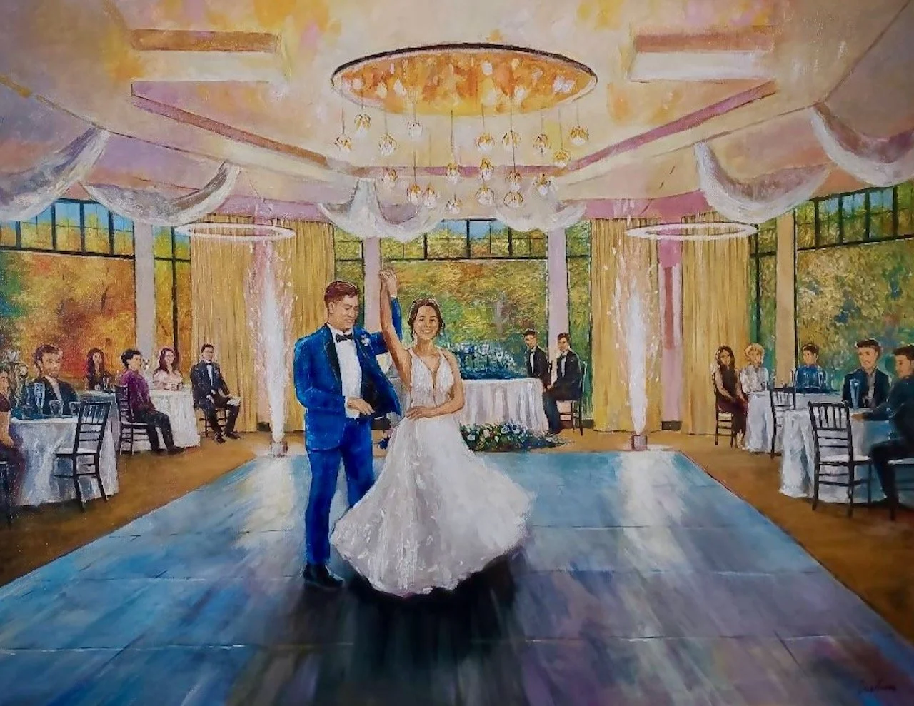 Columbus Ohio live wedding painting at Scioto Reserve Country Club showing bride and groom twirling during their first dance