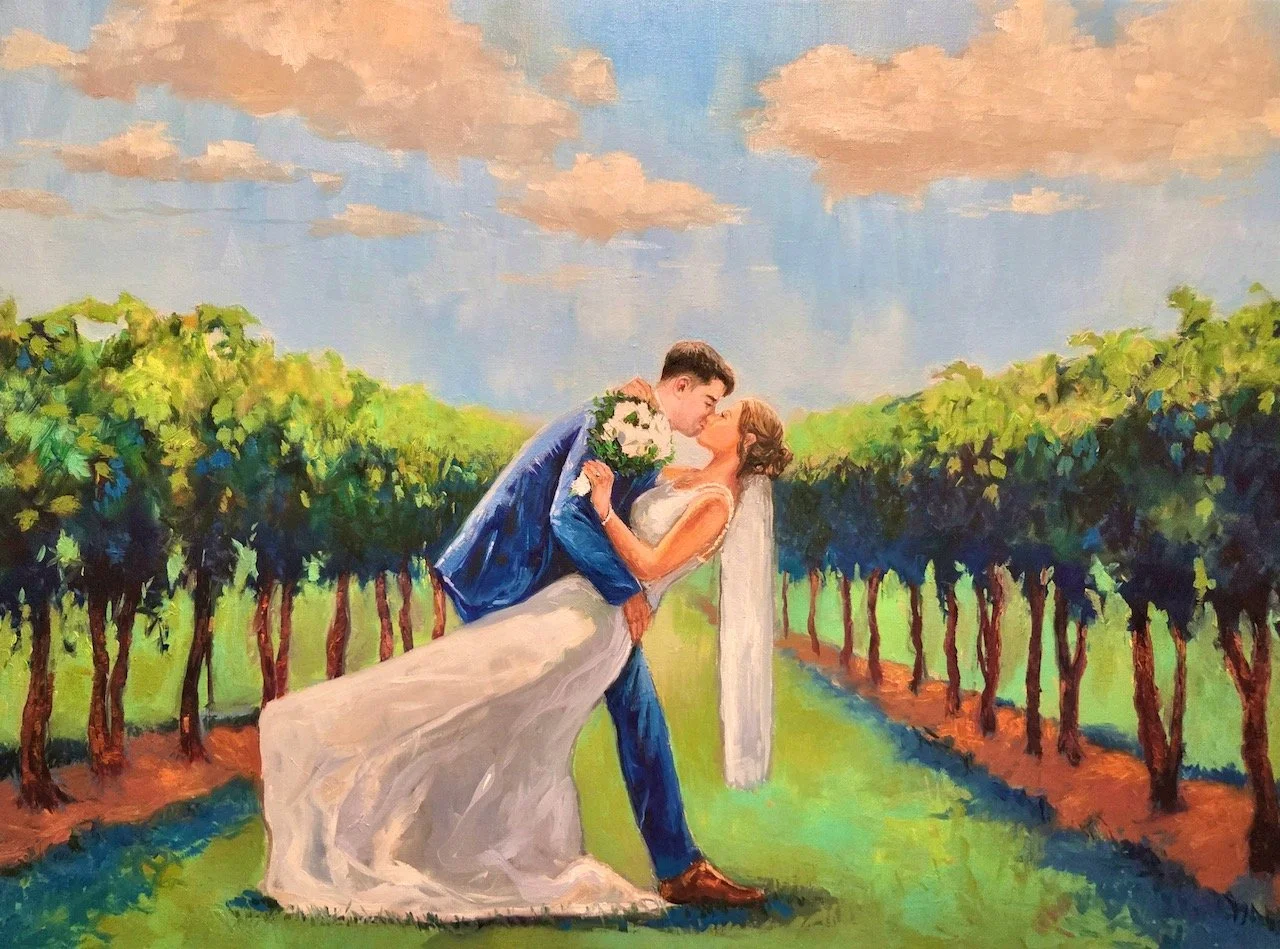 Kentucky live wedding painting at The Talon Winery in Lexington showing bride and groom in a dip kiss.