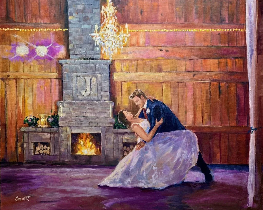Ohio live wedding painting at The Hitching Post Ranch showing bride and groom during their first dance.