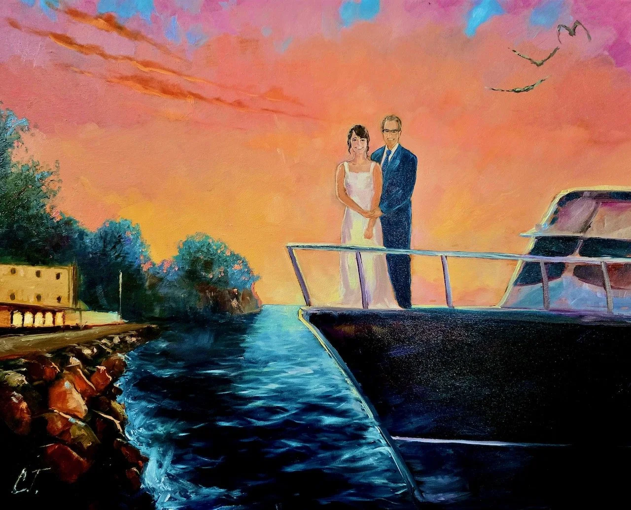 Ohio live wedding painting in Sandusky showing bride and groom smiling on a boat.