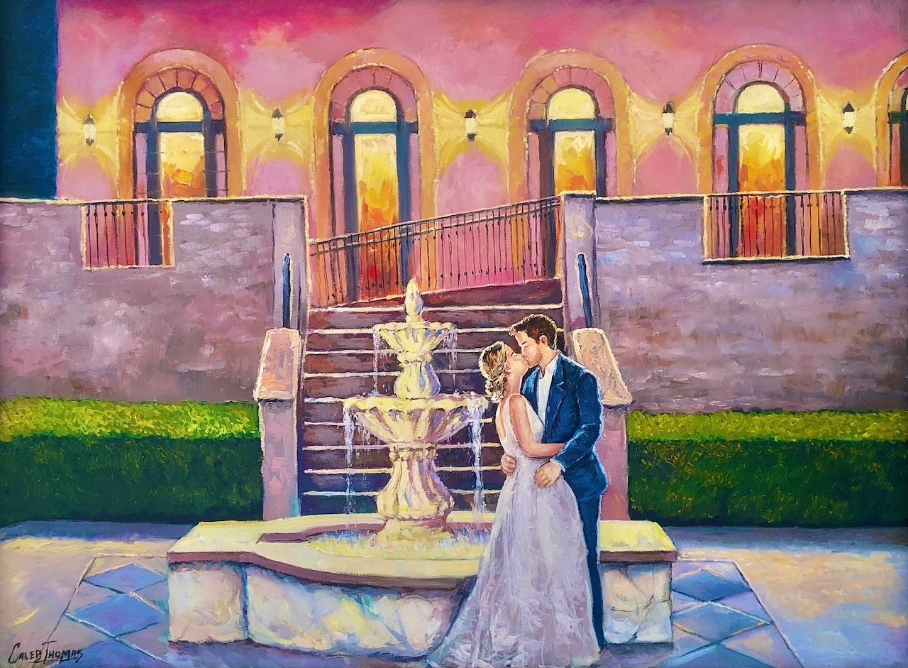 Columbus Ohio live wedding painting at The Club at Corazon showing bride and groom kissing during first look.
