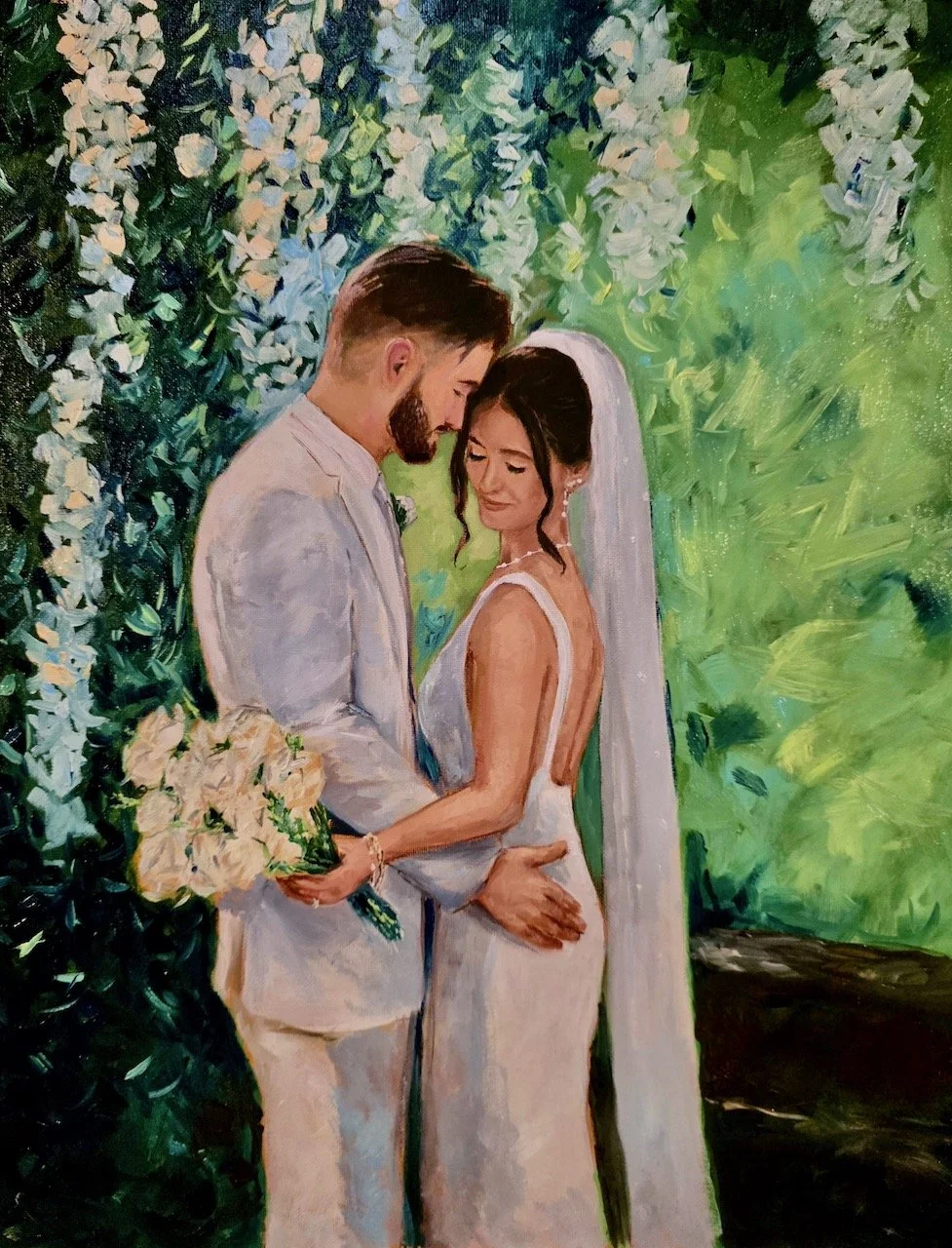 Live wedding painting of a bride and a groom embracing during their first look