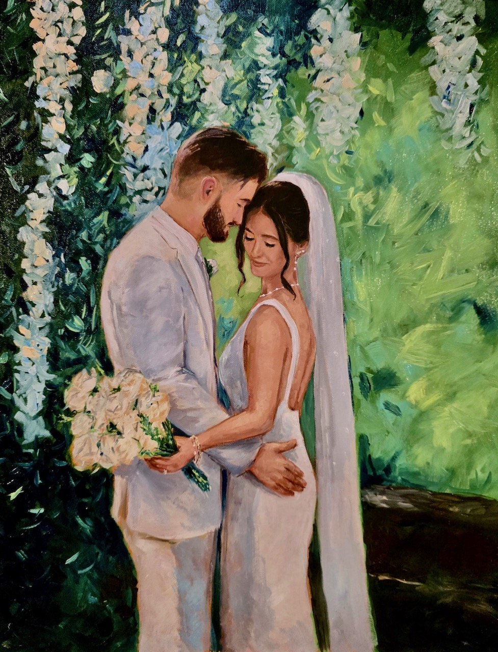 Live wedding painting in Ohio at Rivercrest Farms of bride and groom embracing on their wedding day