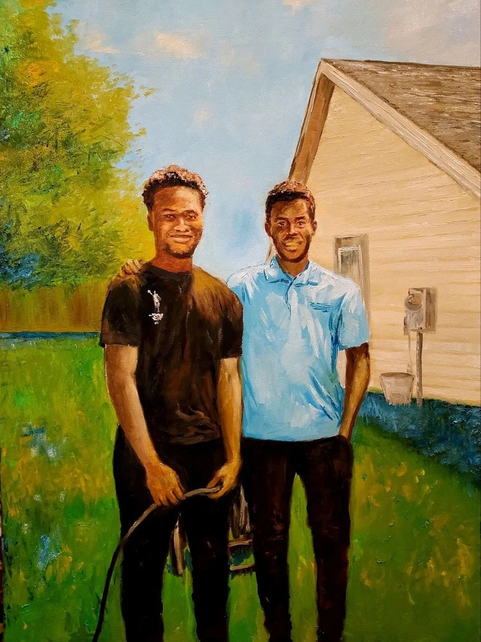 Commission painting of brothers in their yard