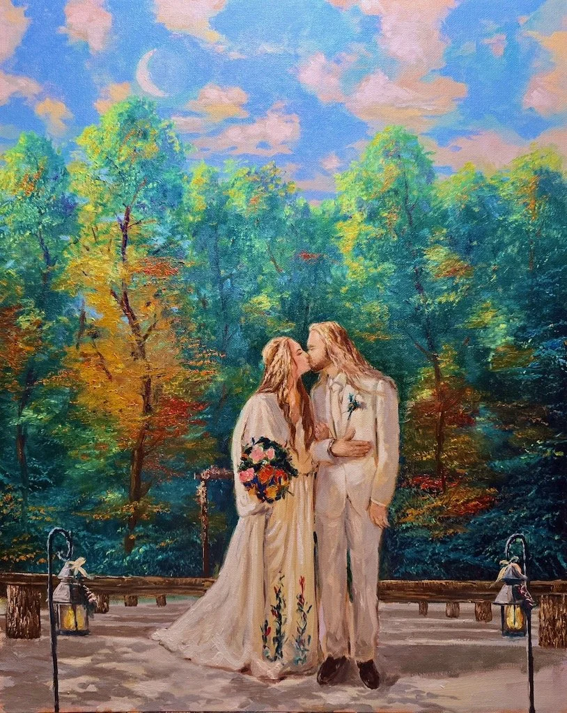 Ohio live wedding painting at Harvest Moon Venue showing bride and groom kissing while walking down the aisle.