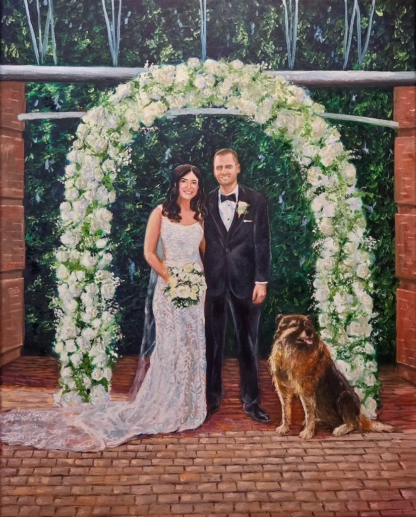 Live wedding painting in Ohio of couple during their first look with their dog.