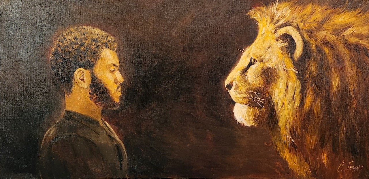 Commission painting of man and a lion staring at each other