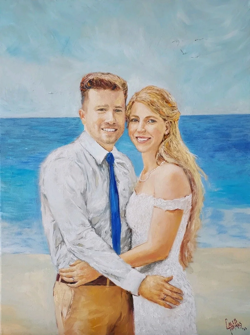 Commission painting of bride and groom posing for the camera