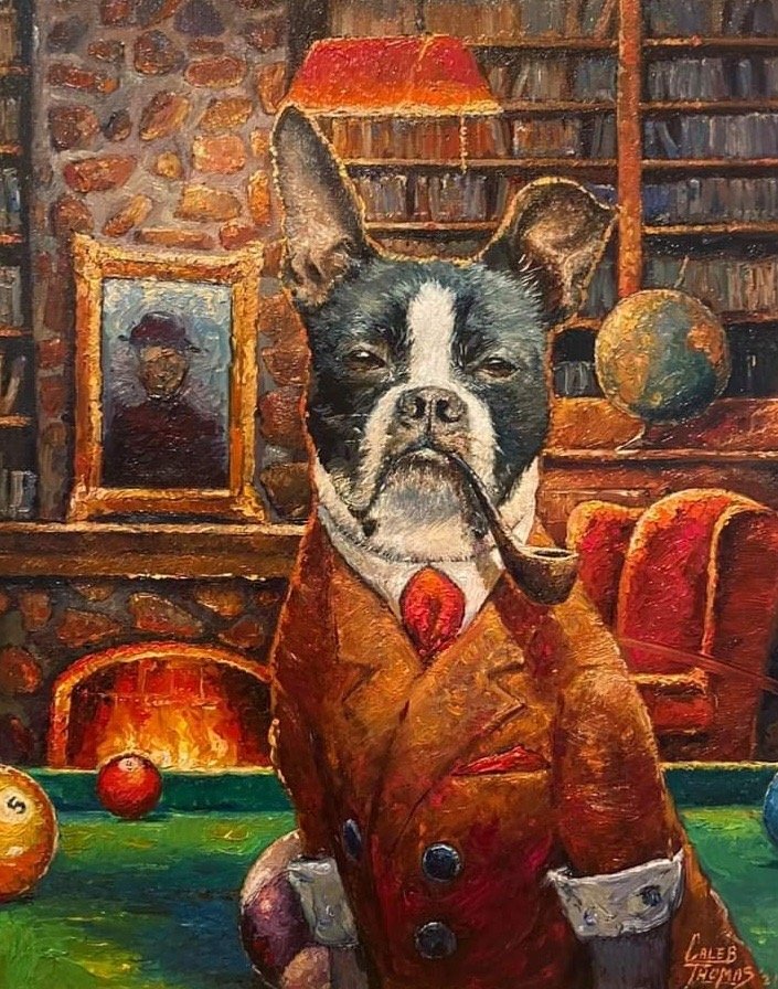Commission painting of a dog in a suit jacket