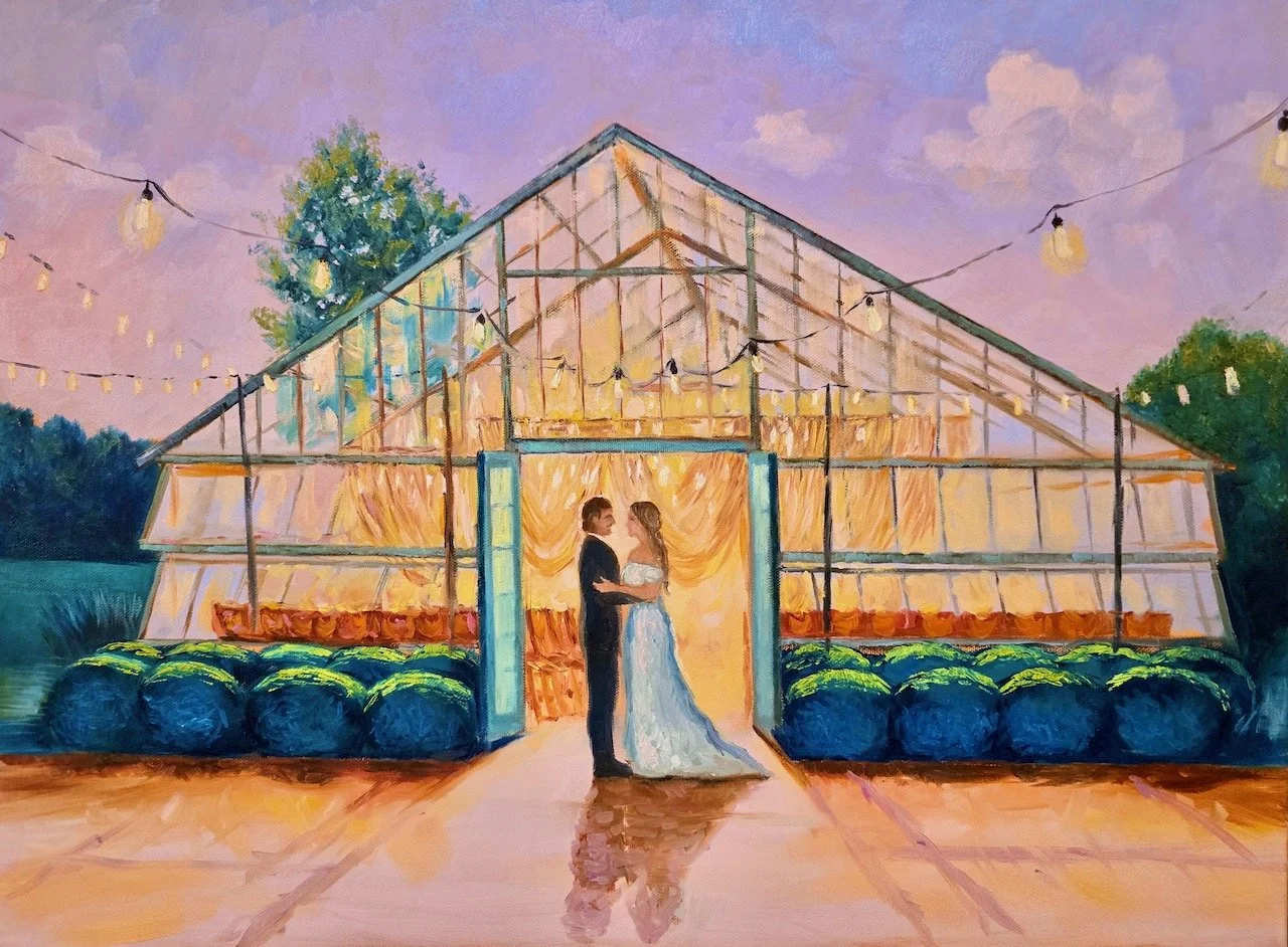 Columbus Ohio live event painting at Jorgenson Farms Wedding Venue showing bride and groom smiling at each other during first look.