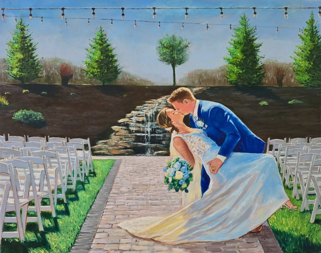 Live wedding painting in Columbus, Ohio of couple doing a dip kiss