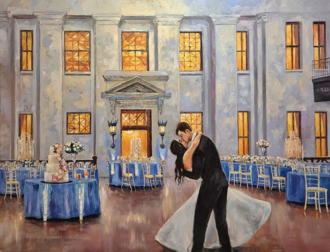 Columbus Ohio live wedding painting at The Ohio Statehouse showing bride and groom during their first dance.
