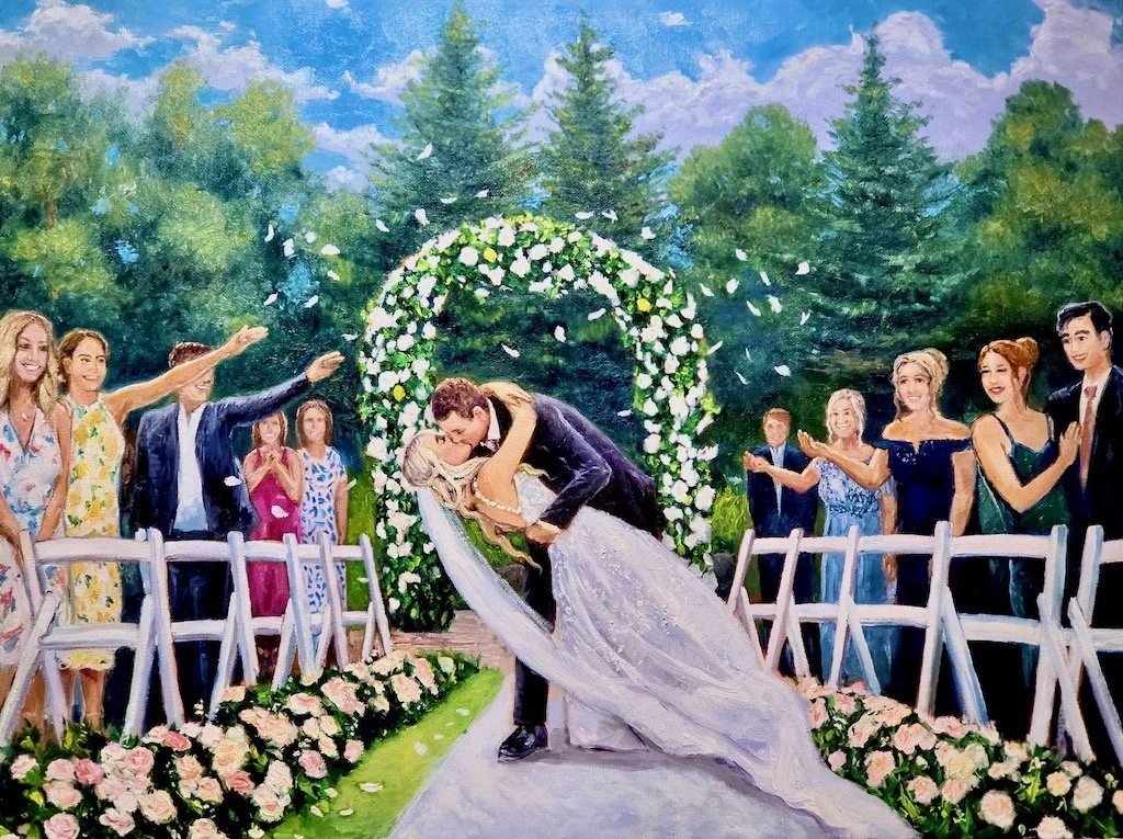 A live wedding painting with the bride and groom doing a dip kiss while walking down the aisle after being pronounced husband and wife.  Guests are visible in the crowd smiling at the couple and throwing rose petals.